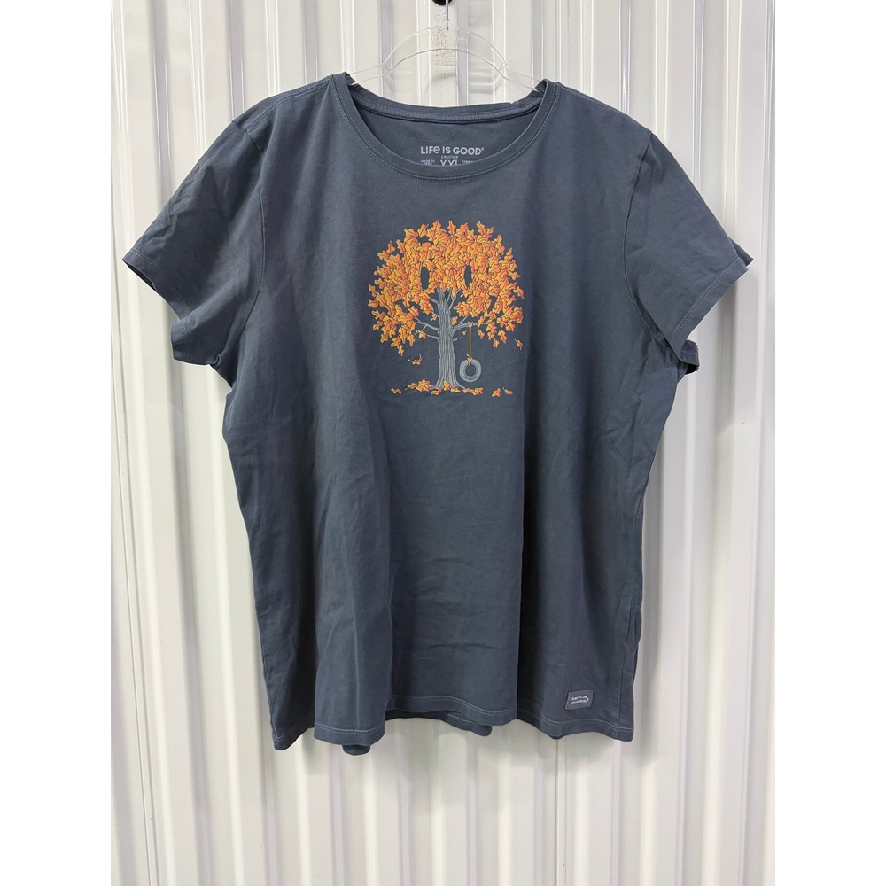 Life is Good Crusher T-Shirt Womens XXL Blue Excellent Fall Tree Tire Swing Tee